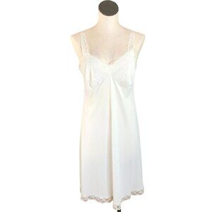 Vintage Full Slip White Lace Womens Medium Nylon Lingerie Bust 32" Made USA